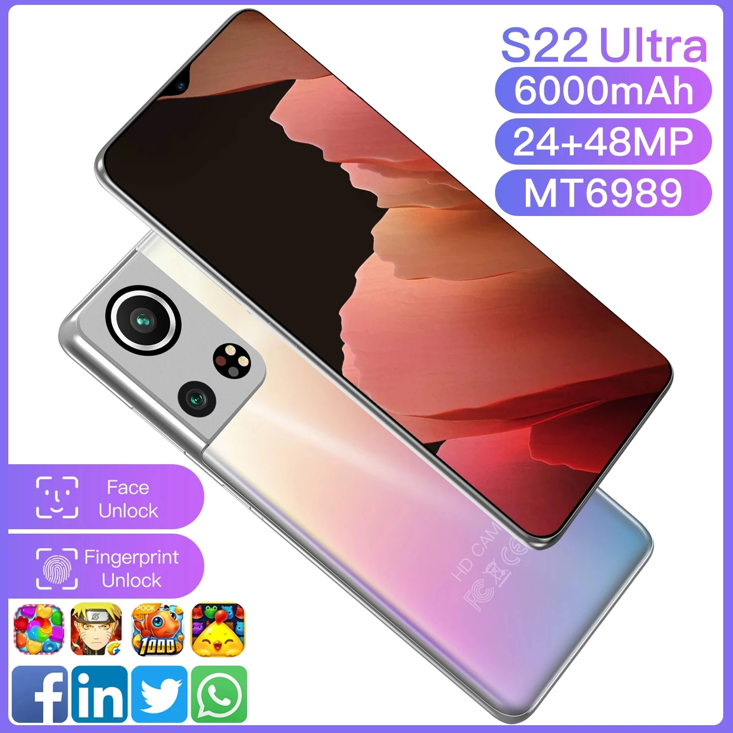 

Global Version Galay S22 Ultra Smartphone 16GB RAM 512GB ROM 4G/5G 24MP+48MP Camera 6000mAh Android10 6.7Inch Cellphone