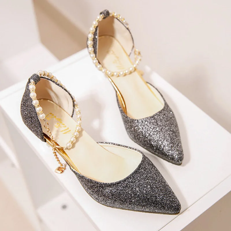 

Sexy Pointed toe Pearl High heels shoes Female Fashion hollow with Sandals Paillette of the Thin Breathable shoes Women Pumps
