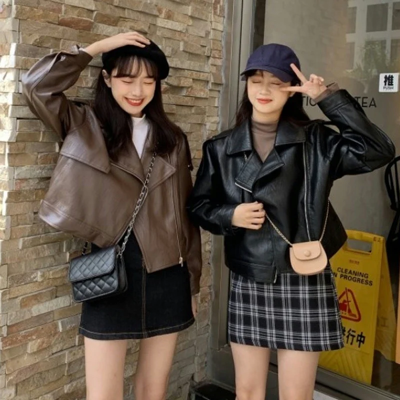 Черная кожаная куртка Женская весенне-осенняя блузка свободного покроя нового