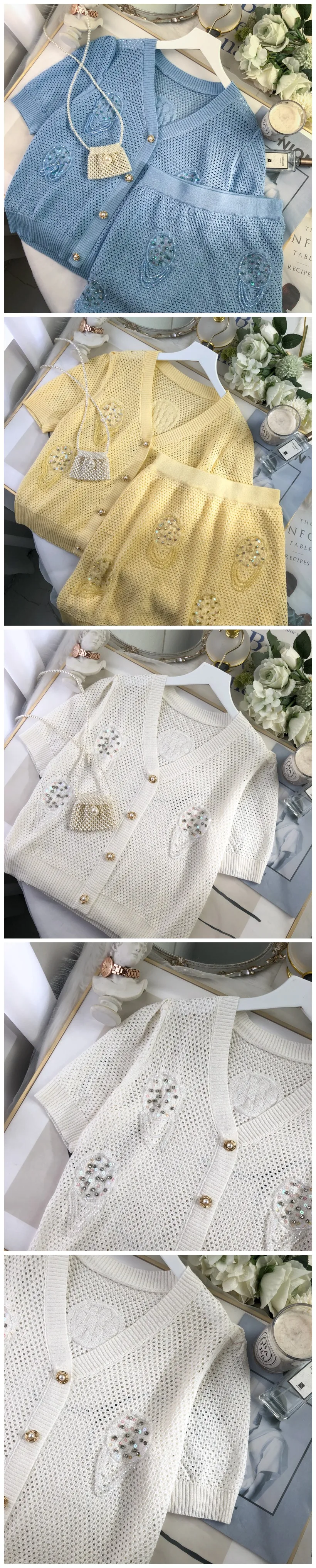 

2021 Summer New Retro Openwork Knitted Top and Skirt Suit Female Sequined Diamonds Cardigan and Short Skirt Sets for Women