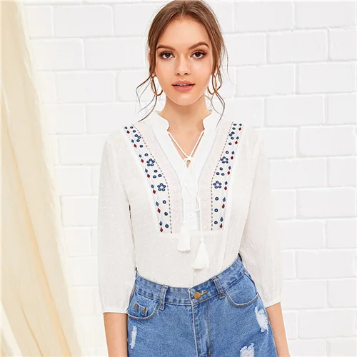 Dotfashion/белая блузка с v-образным вырезом и галстуком-бабочкой и вышивкой для женщин, летние блузы с рукавом 3/4 - Цвет: Белый