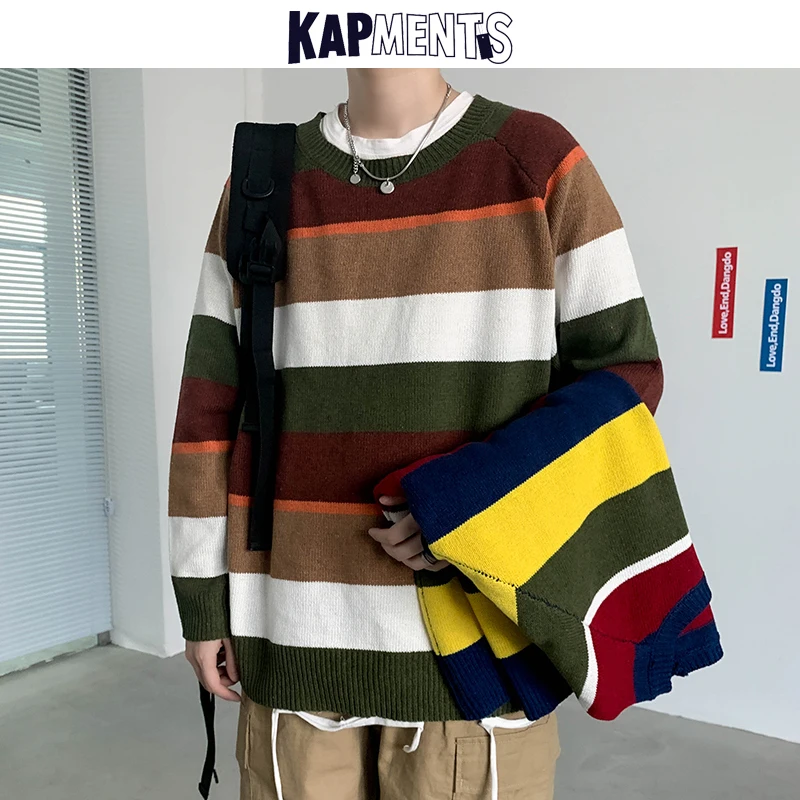 

KAPMENTS Streetwear Men Striped Wool Sweater Pullover 2022 Autumn Mens Harajuku Knitted Sweater Casual Man Korean Winter Sweater