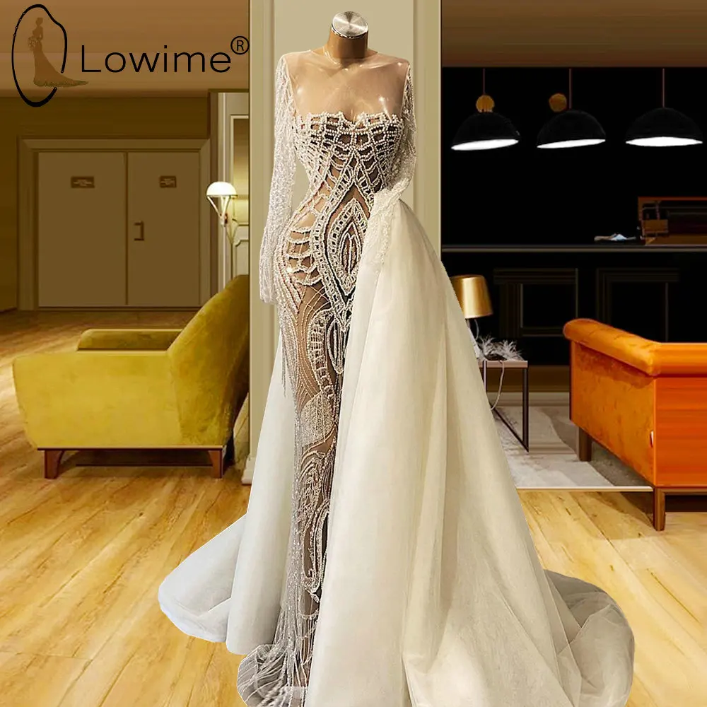 

Sexy See Through Luxury Pearls Mermaid Evening Dresses with Detachable Train Muslim Long Sleeves Formal Prom Party Gowns