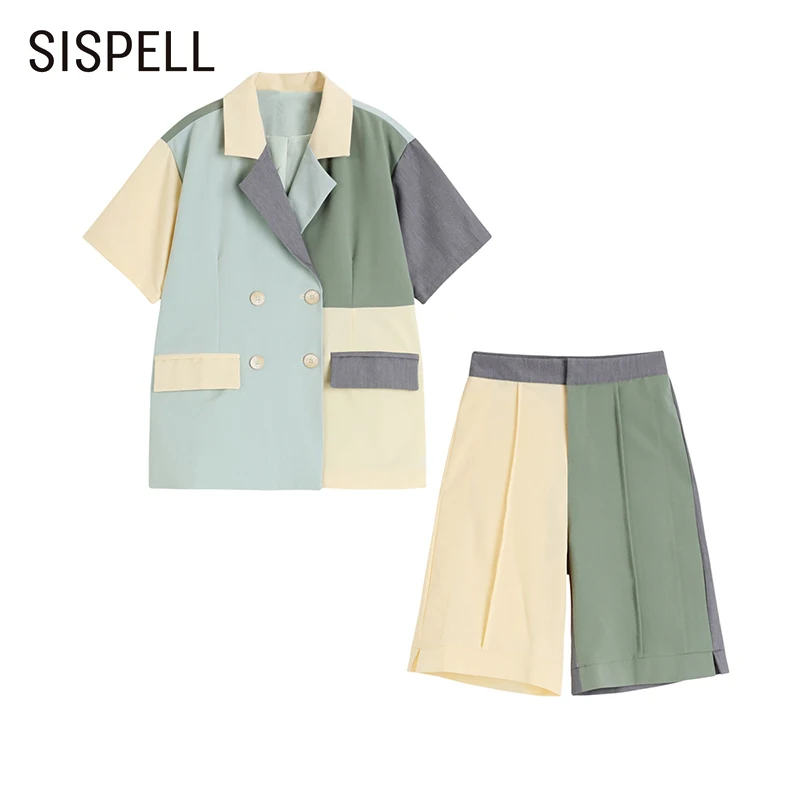 

Женский костюм SISPELL из двух предметов, Свободный Топ с отложным воротником и коротким рукавом и широкие прямые шорты с высокой талией
