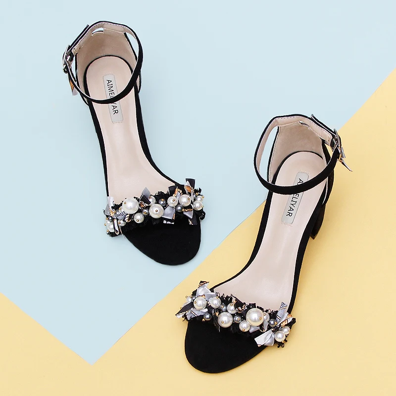 

Black Suede Wrist Strap Chunky-Heel WOMEN'S Sandals Pearl Ball Korean-style WOMEN'S Shoes Bow Fairy Coming of Age Ceremony New
