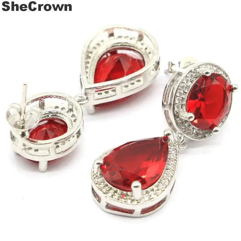 Женские серьги подвески 34x14 мм с красным рубином и белым кубическим цирконием