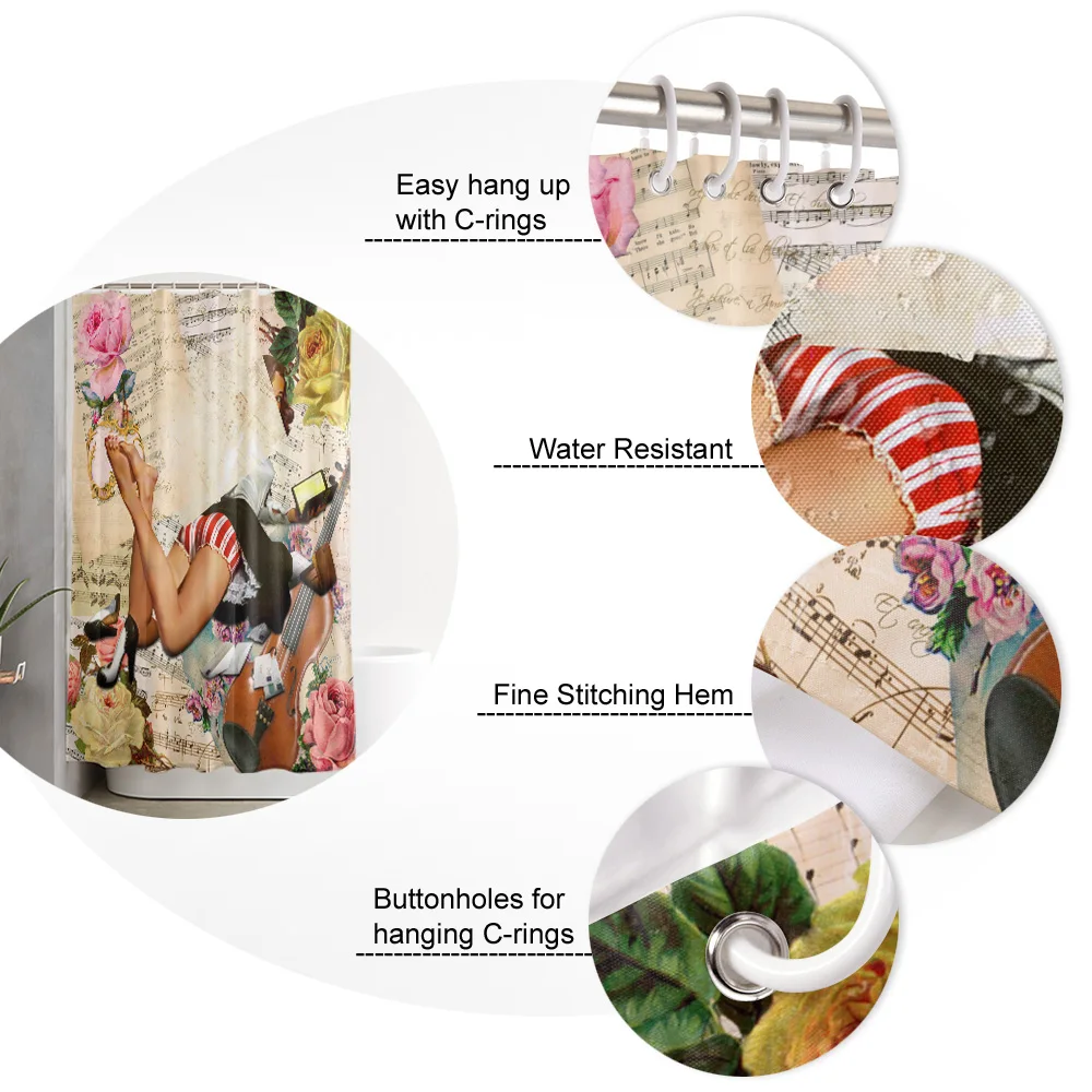 

Retro Girl Flowers Violin Shower Curtain Polyester Fabric Waterproof Shower Curtains Modern Bathroom Curtain