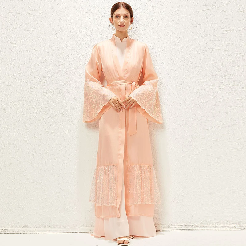 

New Muslim Pakistani Indian Costume Cardigan Chiffon Sequined Ethnic Eid Al Fitr Evening Dress Loose Elegant Malaysian Pink Robe