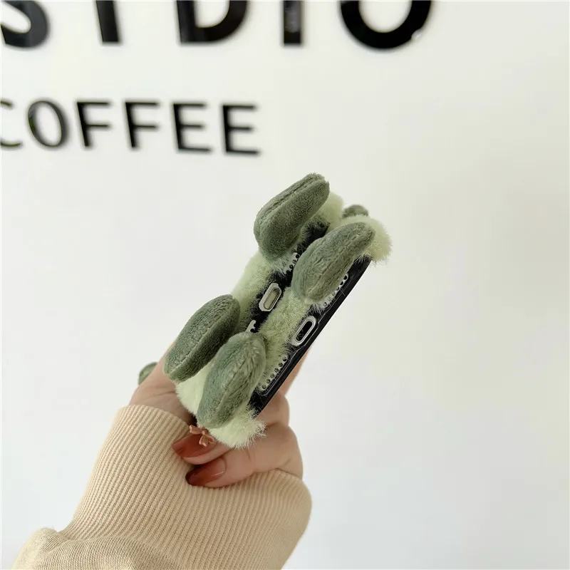 3D Cute Ears Green Little Monster Fur Plush Phone Case For Samsung S21 S20 Note 20 10 A51 A71 A21S A03S A02S A12 A32 A42 A52 A72