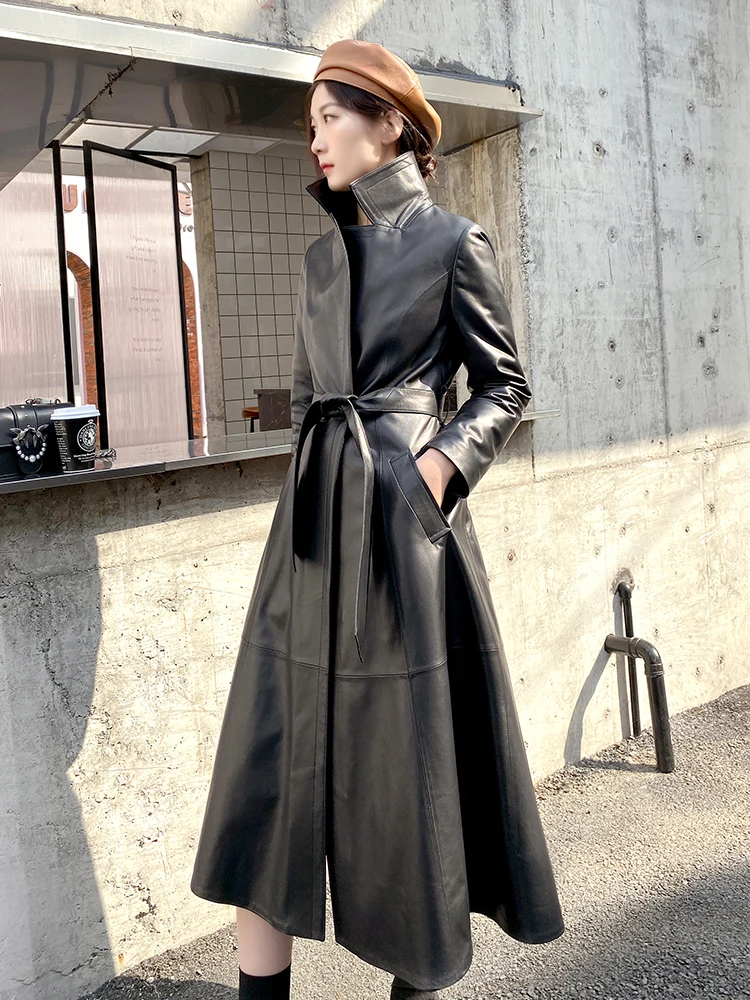 Женский длинный пуховик из 2021 натуральной кожи пальто овечьей с меховым