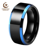 8mm black men ring blue wedding band tungsten carbide ring with shiny polished beveled finished comfort fit