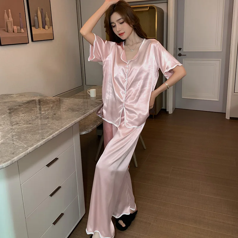 

Cute Pink Pajamas Women's Summer Ice Cardigan Thin Short-Sleeved Trousers Artificial Silk Homewear Suit Spring and Autumn