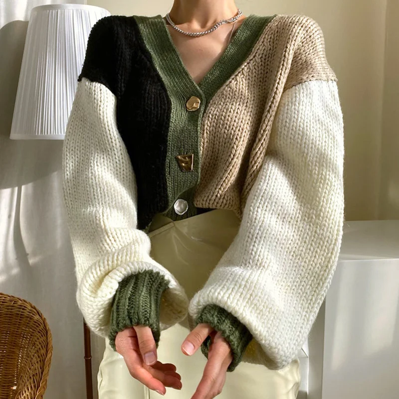 

Cardigan For Women Korean Chic Autumn Winter V-neck Chic Contrast Loose Short Lantern Sleeve Cardigan Knitted Sweater Women