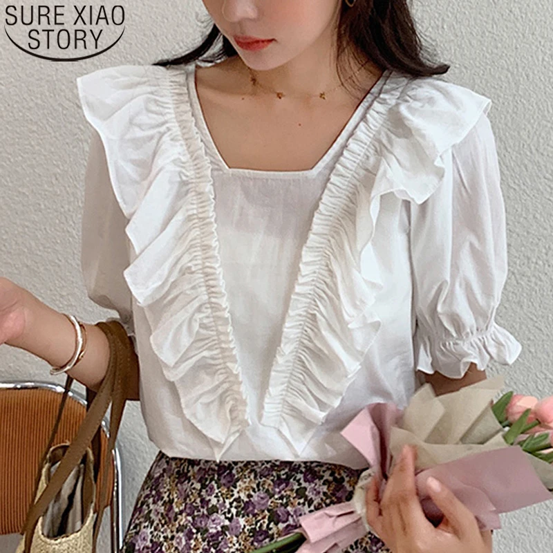 

Sweet Women Summer White Blouse Ruffles Tops Korean Blouses Women Blusas Mujer De Moda 2021 Casual Short Sleeve Shirts 10048