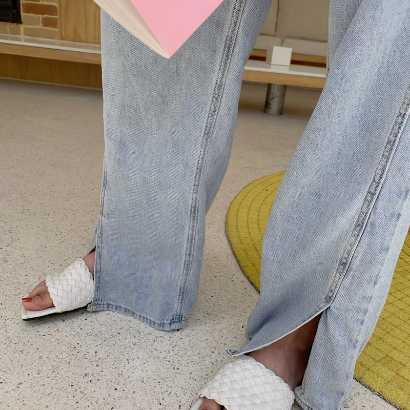 for summer light blue color is the foot open fork mouth side cut loose wide-legged jeans pants of mop floor | Женская одежда