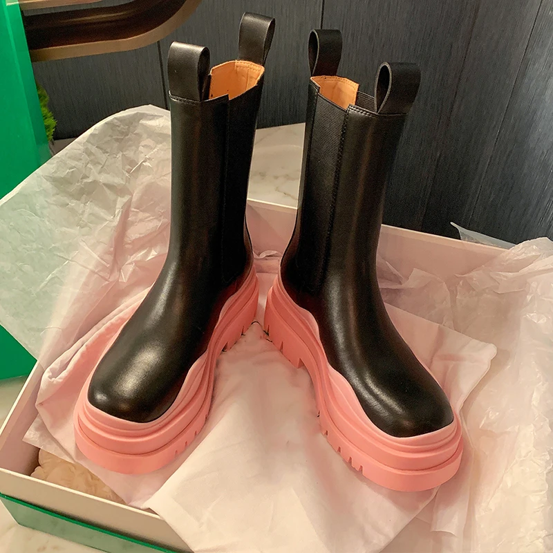 

2021 autumn and winter new solid color leather platform women's mid & low tube women's high-quality light luxury short boots