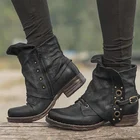 Ботильоны из искусственной кожи с пряжкой на толстом каблуке; Черные ботильоны; Женские ботинки; Декорированные ботинки в байкерском стиле; 2019
