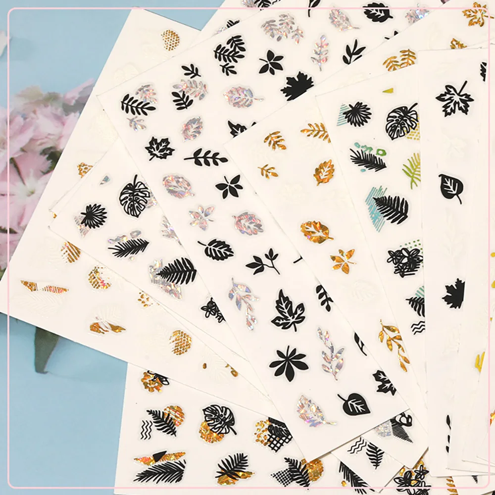 1 шт. Профессиональные наклейки на ногти с рисунком кленового листа, растения и геометрическим узором. Золотые, серебряные и черные наклейки в 3D.