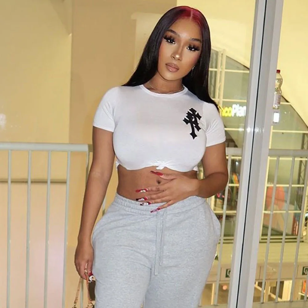 

2022 Cross Printed Women T-shirt Short Sleeve Slim White Crop Tops Y2K Summer Female Clothing Fashion Casual Cool Streetwear New