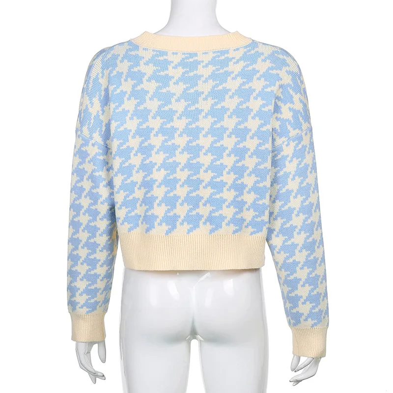 

Winter Woman Houndstooth Sweater Cardigan V Neck Single Breasted Knitted Loose Long Sleeve Casual OL Blue Sweater Cardigan 2021