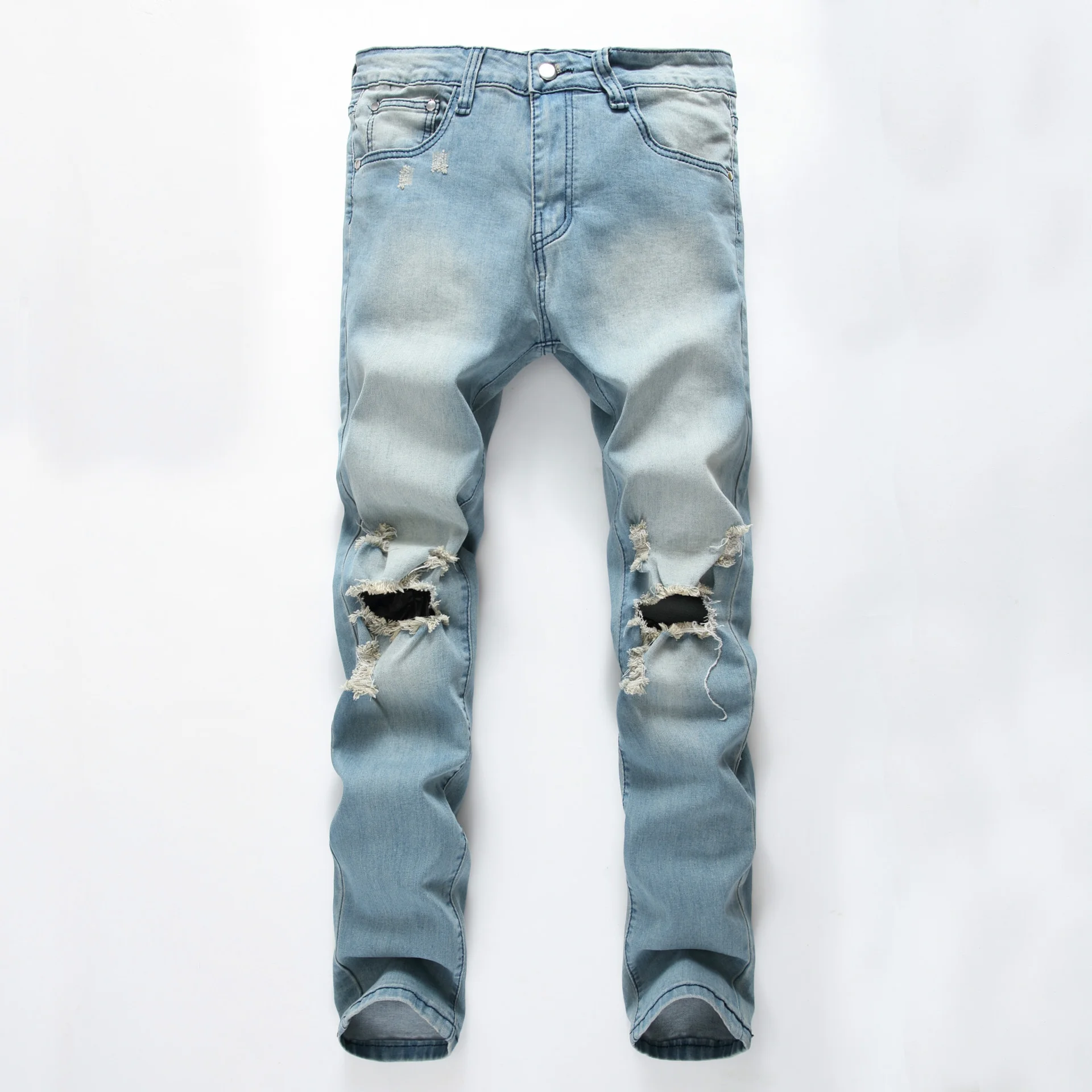 

Men's Fashion Holes Nostalgic Tattered Jeans Pants Men Slim Fit Retro Blue Stretch Streetwear Hip Hop Ripped Jeans