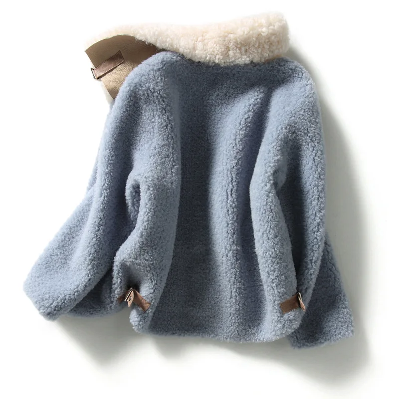 Women Lambswool Coats Winter Warm Slim Wool Coat Light Blue Turn-Down Collar Real Fur Overcoats Short Fashion Female Jackets