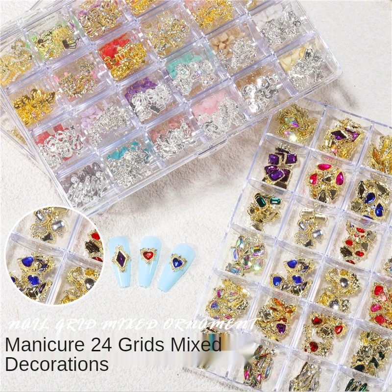 24Grids/Large Box Manicure Rhinestones Set 10Pcs/Grids Rivet/Bears/Butterfly Nail Jewelry Accessories/3D Charms/Decorations#ZS12