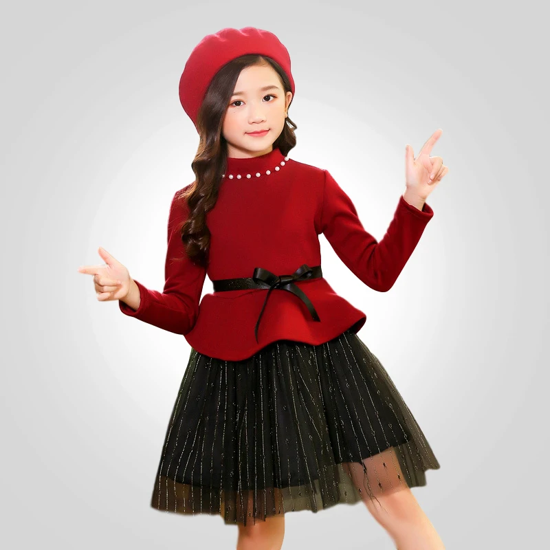 Kids Girls Warm Dress 2019 Autumn Winter New Princess Velvet Dresses Long Sleeve Red Black Mesh Knee Party Frocks 6 8 10 12 yrs | Детская