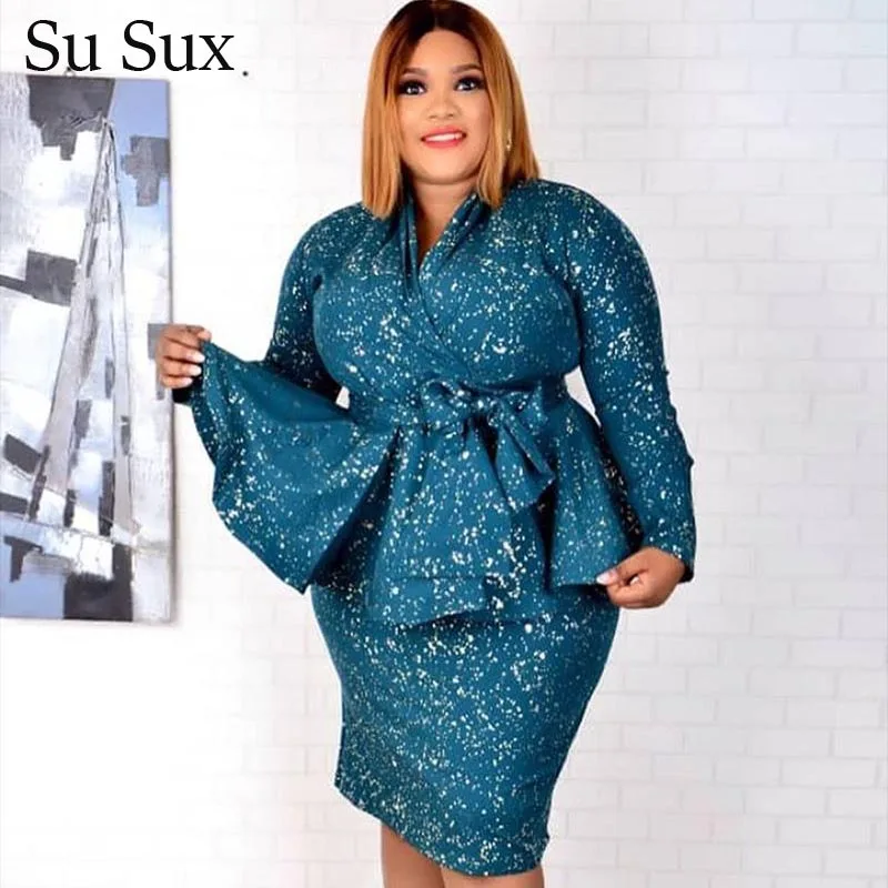 Sequins Two Piece Set Skirt Dress African Clothes V-Neck Long Sleeve Ruffles Top&Pencil Skirt Set Plus Size Dress Vestidos 2020