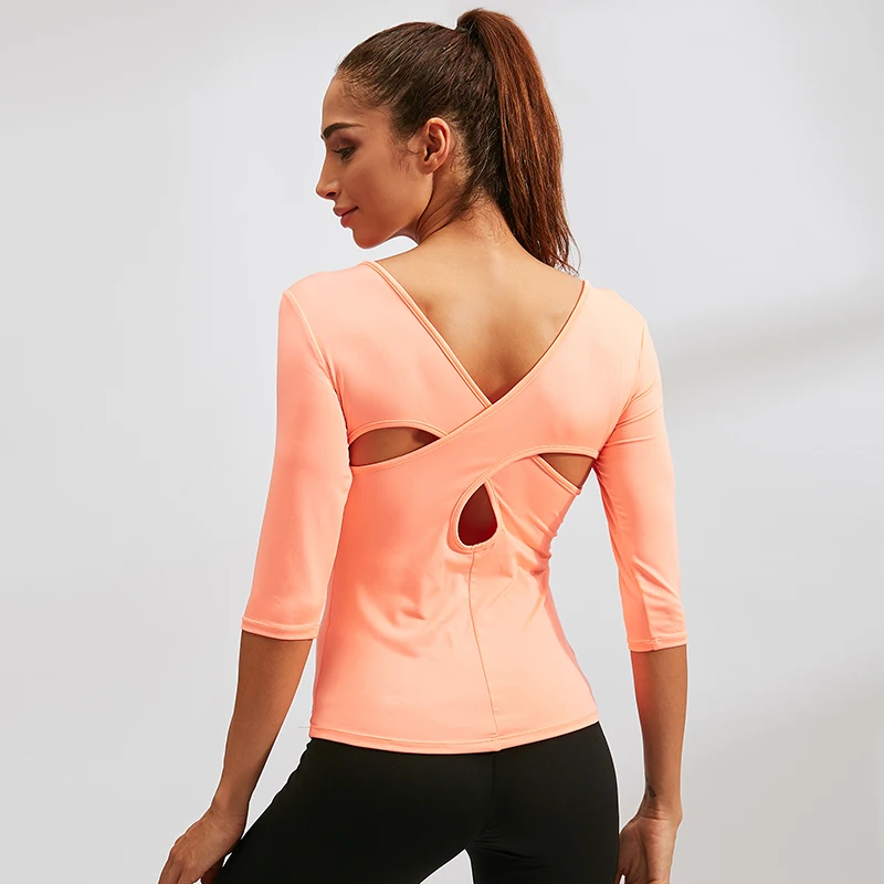 

Yoga Shirt Fitness Sport Shirt Dance Tight Clothes Quick Dry Top Cross Back Mid Long Sleeve Workout Sportswear Yoga Suit Tops