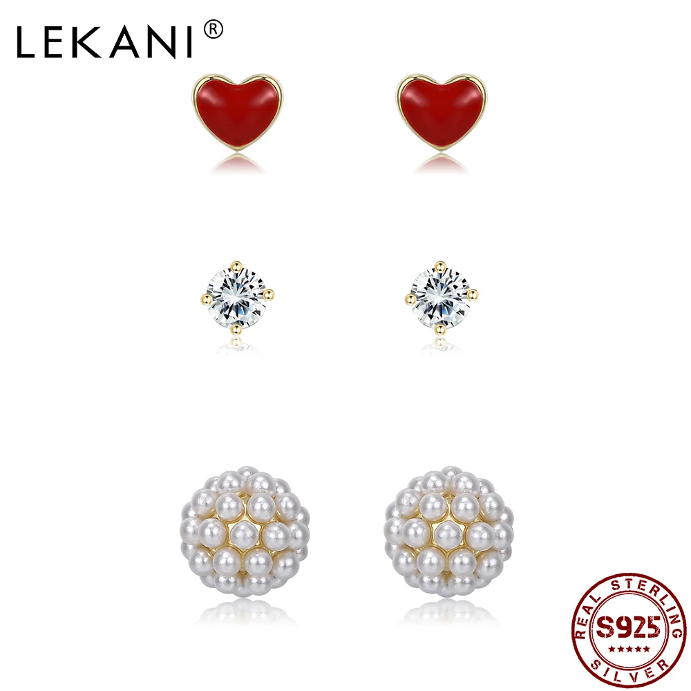 

LEKANI 100% 925 Sterling Silver For Women Round Zircon Stud Earrings Red Heart And Ball Pearl Earrings Set Anniversary Jewelry