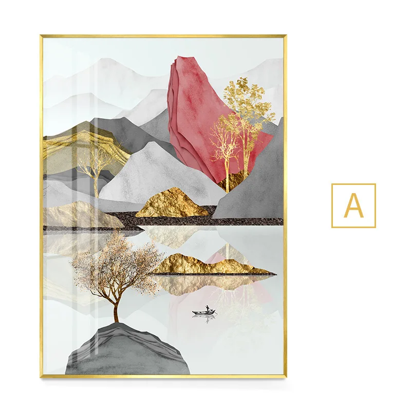 Абстрактные пейзажи в китайском стиле река птица дерево горы скалы холст