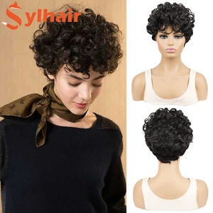 Sylhair Short Curly Synthetic Wigs Heat Resistant For Women Jerry Curl Wigs Fiber Natural Black Daily&Party Wig