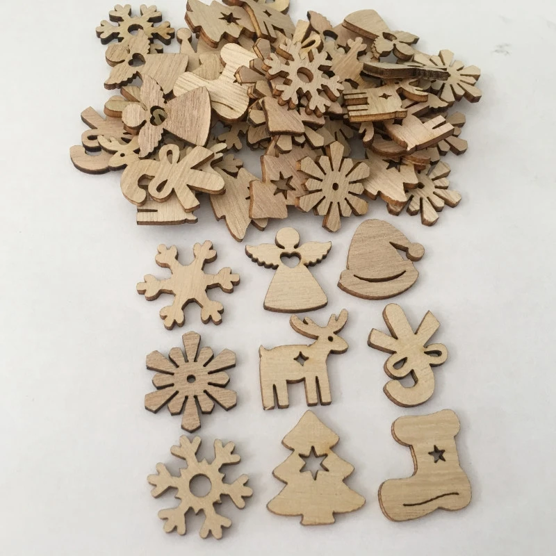 

50Pcs DIY Natural Wooden Chip Santa Claus Christmas Tree Hanging Ornaments Pendant Kids Gifts Snowman Tree Shape Xmas Decoration