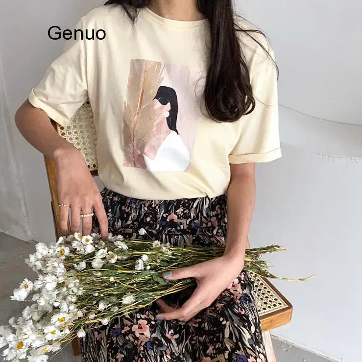 

Summer Graphic Tees Fashion Character Printing T-shirts Summer Tops Woman Short Sleeve White T-shirts Korean Clothings