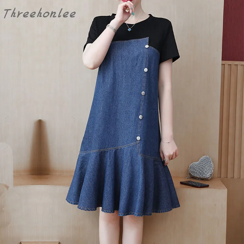 

Plus Size 2021 Summer Casual Woman Denim Patchwork Dress Loose A-line Short Sleeve Button Ruffles Knee-length Dress Vestidos