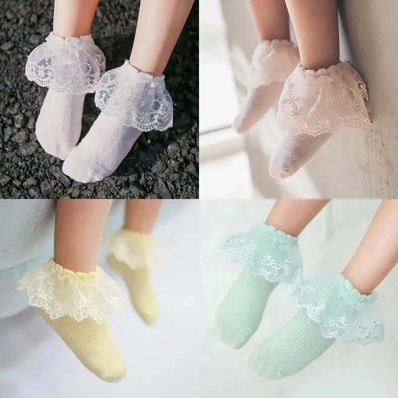 3 par/lote s&oacute;lido chico beb&eacute; ni&ntilde;as volantes de encaje con volantes calcetines princesa corto de encaje tut&uacute; danza calcetines de malla fino calcetines de algod&oacute;n-3