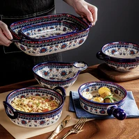 french retro ceramic tableware under glaze round binaural bake bowl large bake pan breakfast soup noodle bowl pizza salad bakewa