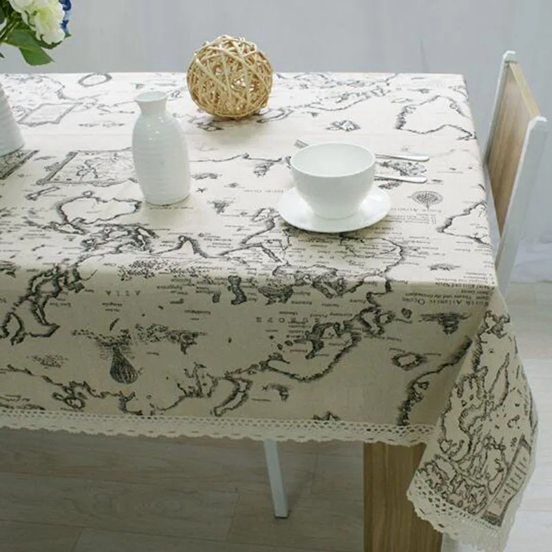 

Cotton Linen World Map Printing Tablecloth Dining Table Cover with Lace Creative Pattern Cloth Home Textile Decor