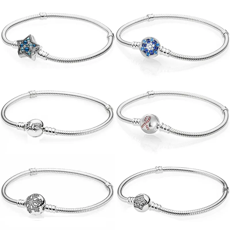

New 925 Sterling Silver Momemts Bright Star Snowflake Bow Clasp Snake Chain Bracelet For Popular Bangle Bead Charm DIY Jewelry
