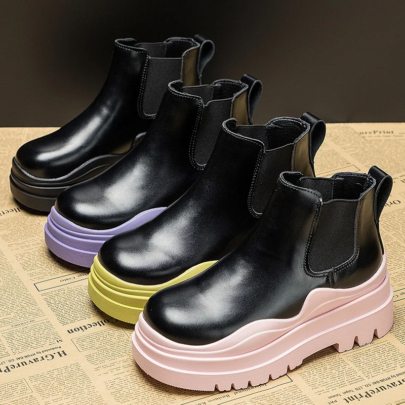 Leather Pipe short Boots Women's Autumn 2021 New Thick-soled Increased Single Boots British Style Short-tube Chelsea Boots