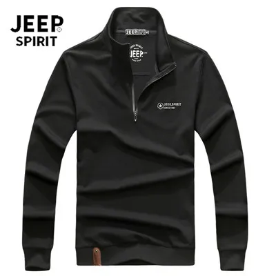 JEEP SPIRIT брендовая Осенняя футболка мужская с длинным рукавом Стенд половина на молнии воротник Теплая мужская футболка однотонная футболка homme - Цвет: Черный
