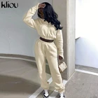 Kliou новый осенний комплект из двух предметов для женщин Harajuku Однотонная повседневная обувь Простые неправильной формы манжеты комплект: топ с капюшоном + спортивные штаны для активных занятий, эластичная женская одежда