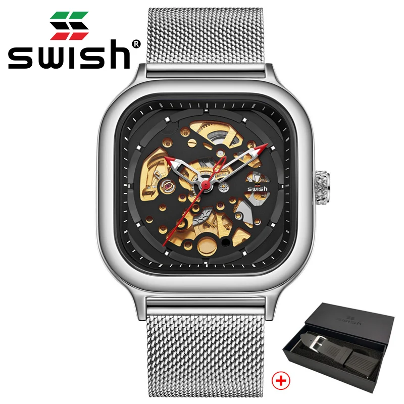 

Мужские механические часы с турбийоном SWISH, автоматические часы из нержавеющей стали, квадратные наручные часы-скелетоны, мужские часы, 2021