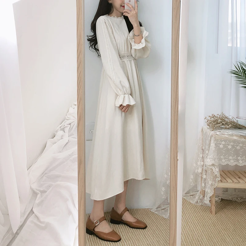 Винтажные наряды хлопковые Для женщин модные осень-зима основной гардероб в стиле пэчворк открытый белое, с кружевами, связанными крючком милое платье с длинным 8109