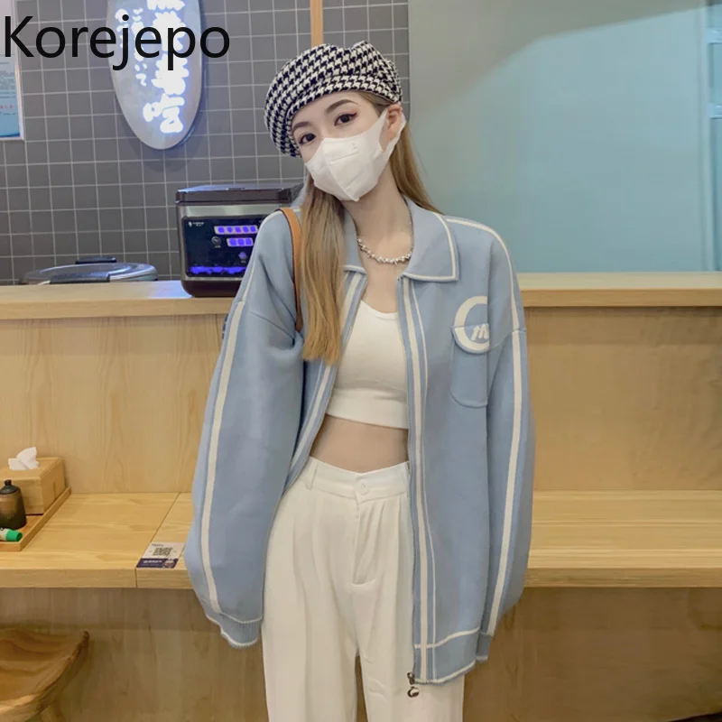 

Korejepo Women Japanese Style Loose Sweater Cardigan Jacket 2021 Autumn New Turn-down Collar Zipper Color Contrast Knitted Coat