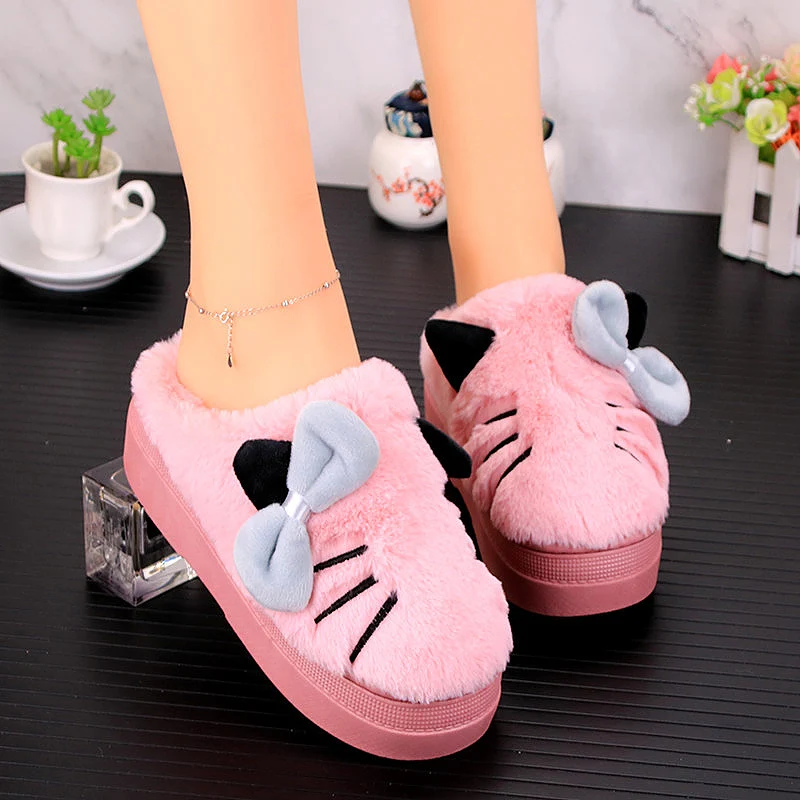 Искусственный мех Для женщин шлёпанцы для с рисунком кота из мультфильма зимняя