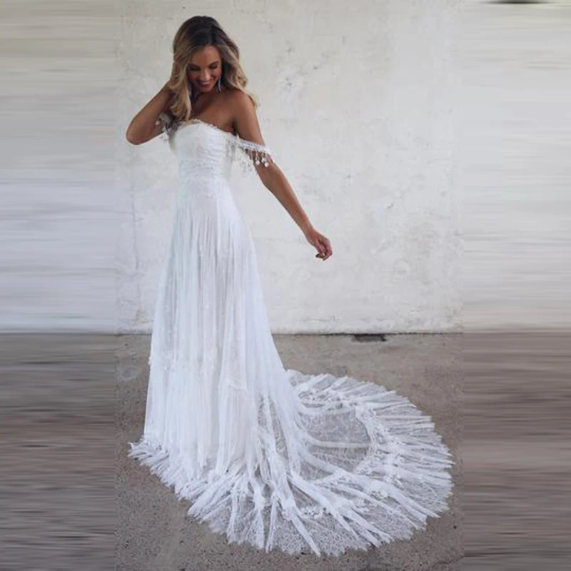 

Delicate Hot Sale White Lace Strapless Bridal Wedding Dresses Back Out Off Shoulder Sleeve Wedding Gowns for Bride Appliqued