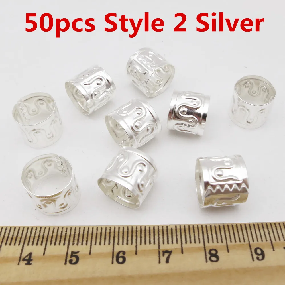 50pcs Style 2 Silver 30 шт-50 шт большие регулируемые серебряные/золотые волосы оплетка дреды бусины манжеты кольца для зажимов трубка около 12 мм Отверстие аксессуары - Цвет: 50pcs Style 2 Silver