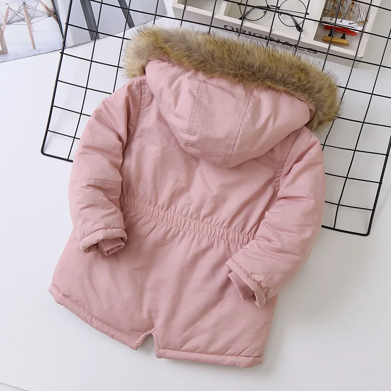 

2021 girls winter solid color plus velvet thick waist hooded cotton-padded jacket, big children's cold-resistant cotton jacket,